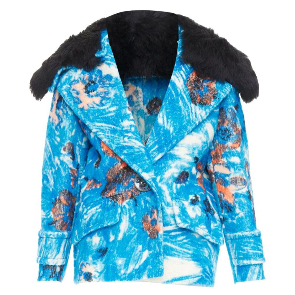 Prada blue alpaca wool abstract floral fur collar pea coat